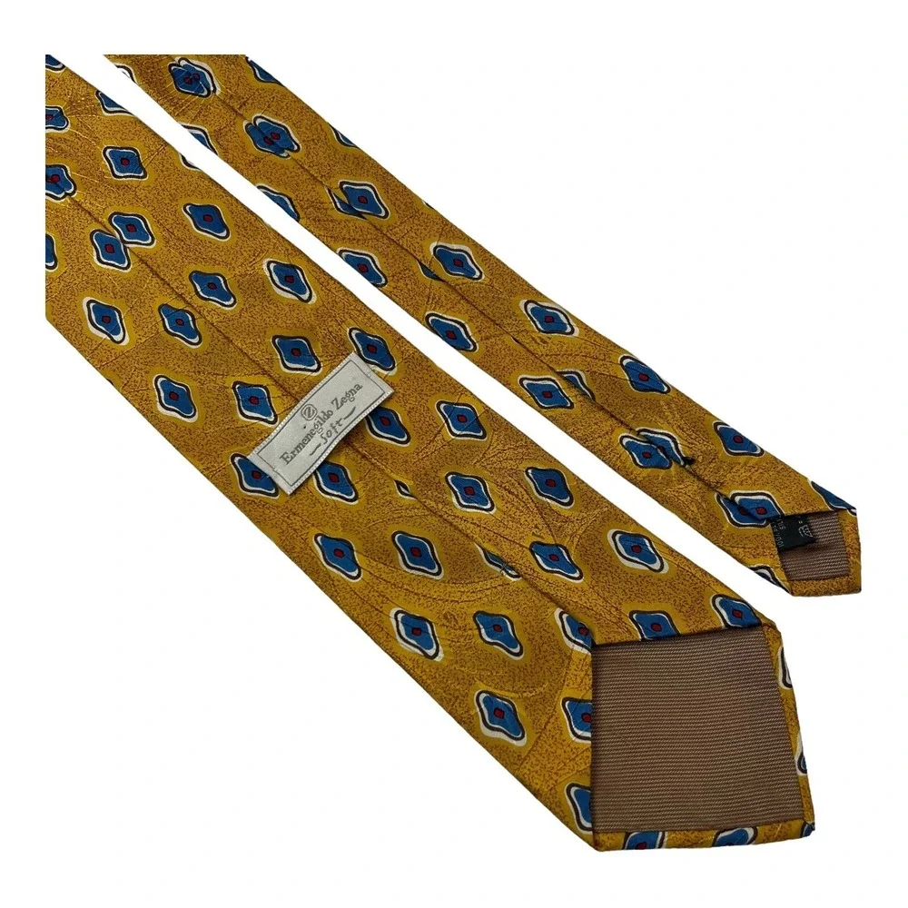 Ermenegildo Zegna Gold w/ Blue & Red Print Silk Neck Tie‎ Mens Size 4